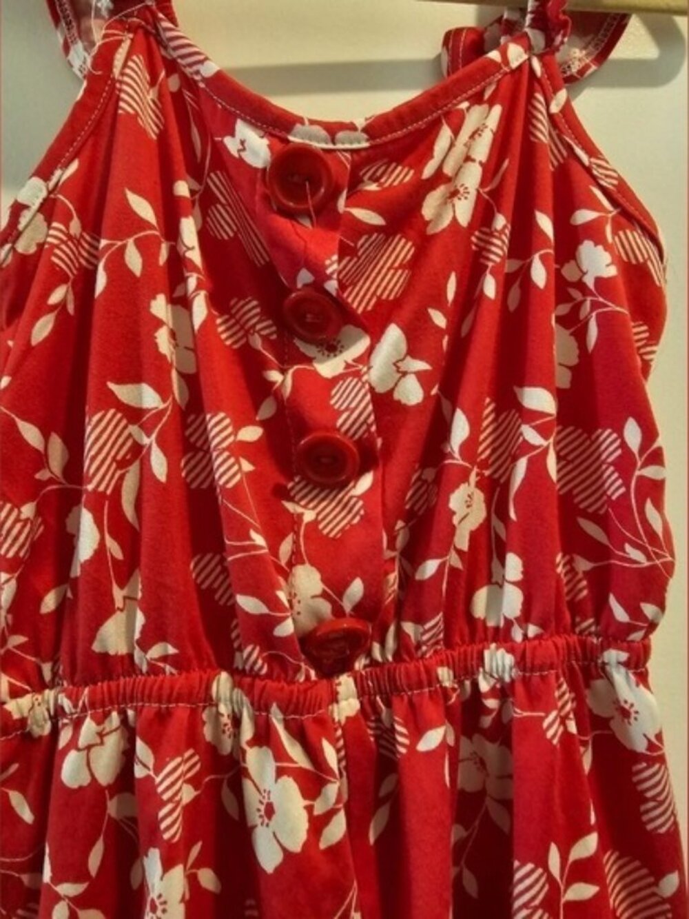Kids sz7 Red Floral Ruffle Strap Romper Summer Spring Patriotic Easter Feminine‎